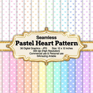 May include: A set of 36 digital graphics with a seamless pastel heart pattern. Each design is 30.48 cm x 30.48 cm and features soft colours like pink, blue, yellow, and green. The image includes the text "Seamless Pastel Heart Pattern".