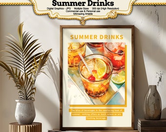 Summer Drinks Digital Print #3: printable summer holiday wall print lemon drink digital poster dining room wall art print instant download