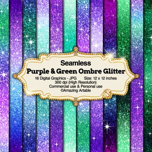 Purple & Green Ombre Glitter Seamless Digital Paper: shimmer purple and green glitter gradient sparkle blue ombre sky Halloween purple paper