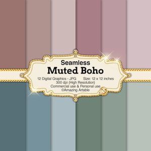 May include: A collection of twelve digital graphics featuring vertical stripes in muted tones of mauve, pink, blue, and green. A central decorative gold-trimmed label displays the text Seamless Muted Boho, 12 Digital Graphics - JPG, Size: 12 x 12 inches, 300 dpi, and Amazing Artable.