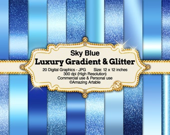 May include: A collection of 20 digital graphics featuring sky blue gradients and glitter textures. The central label reads: Sky Blue Luxury Gradient & Glitter, 20 Digital Graphics - JPG, Size: 12 x 12 inches, 300 dpi (High Resolution), Commercial use & Personal use, ©Amazing Artable.