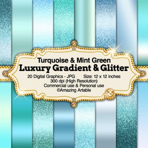 Luxus Turquoise und Mint Green Farbverlauf & Glitzer Digital Papier: tealer Farbverlauf Hintergrund metallic grün Ombre Glitzer Papier Türkis Blau