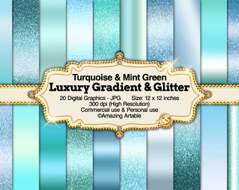 Luxury Turquoise and Mint Green Gradient & Glitter Digital Paper: teal gradient background metallic green ombre glitter paper turquoise blue