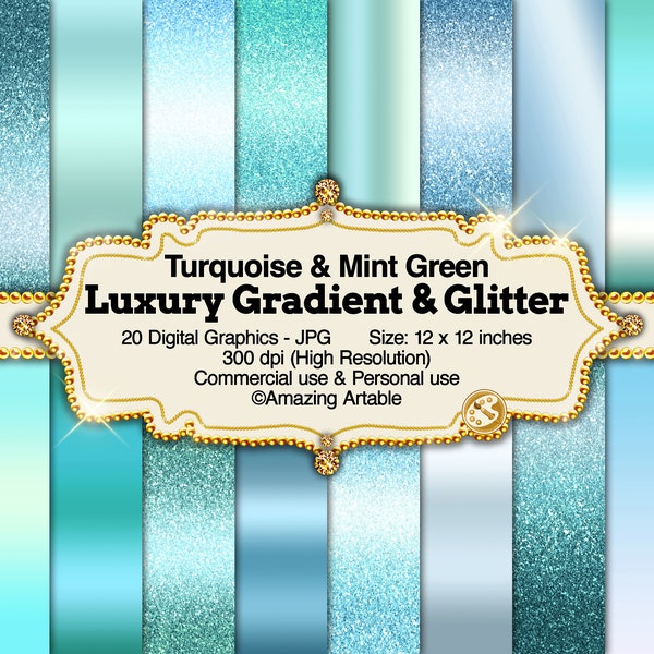 Luxury Turquoise and Mint Green Gradient & Glitter Digital Paper: teal gradient background metallic green ombre glitter paper turquoise blue