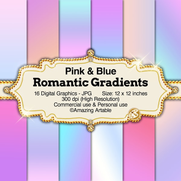 Romantic Gradients Digital Paper: pastel gradient pink and blue ombre iridescent scrapbooking paper soft color background abstract paper