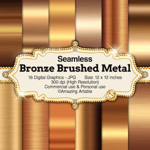 May include: A digital graphic featuring seamless bronze brushed metal textures. The image includes a variety of shades of bronze, with a decorative frame that reads "Seamless Bronze Brushed Metal". The size is 12 x 12 inches.