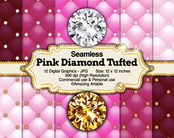 Pink Diamond Tufted Digital Paper: luxury seamless diamond background quilting texture shiny glam paper black tufted background silver gold