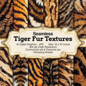 Puede incluir: Un gráfico digital que presenta una colección de texturas de piel de tigre sin costuras. La imagen muestra varios patrones de pelaje naranja, negro y blanco. El texto en la imagen dice "Seamless Tiger Fur Textures" y "Tamaño: 30.48 x 30.48 cm".