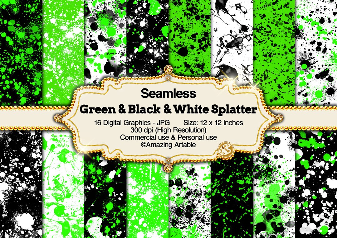 Green Black Paint Splatter Seamless Digital Paper Neon Green 