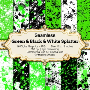 Green & Black Paint Splatter Seamless Digital Paper: neon green splatter ink paintball watercolor splash black and white splatter paper