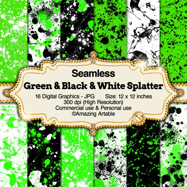 Green & Black Paint Splatter Seamless Digital Paper: neon green splatter ink paintball watercolor splash black and white splatter paper