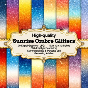 Può includere: Una collezione di venti grafiche digitali con motivi glitter sfumati all'alba in varie gradazioni di colore. Un'etichetta centrale color crema mostra il testo: High-quality Sunrise Ombre Glitters, 20 Digital Graphics - JPG, Size: 30,48 x 30,48 cm, 300 dpi (High Resolution), Commercial use & Personal use, ©Amazing Artable.