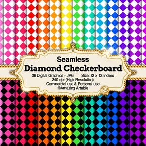 Diamond Checkerboard Seamless Digital Paper: bright rainbow checkerboard digital paper diamond checkered pattern rhombus checker background