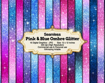 Pink & Blue Ombre Glitter Seamless Digital Paper: shimmering blue and pink glitter gradient luxury purple red ombre sky color paper sparkle