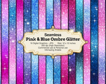 May include: A collection of 16 seamless digital graphics featuring pink and blue ombre glitter patterns with sparkling star accents. The central label displays the text Seamless Pink & Blue Ombre Glitter, 16 Digital Graphics - JPG, Size: 12 x 12 inches, 300 dpi (High Resolution), Commercial use & Personal use, ©Amazing Artable.