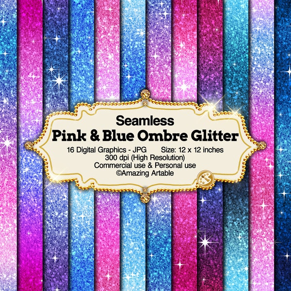 Pink & Blue Ombre Glitter Seamless Digital Paper: shimmering blue and pink glitter gradient luxury purple red ombre sky color paper sparkle