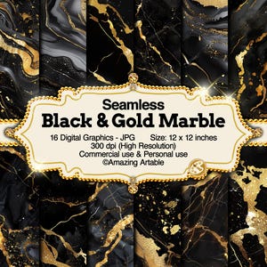 May include: Seamless black and gold marble digital paper pack. 16 digital graphics, 12 x 12 inches, 300 dpi. Commercial and personal use.  ©Amazing Artable