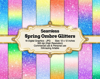Spring Ombre Glitter Seamless Digital Paper: pink and blue gradient paper shimmering rainbow background glitter sky colorful ombre paper