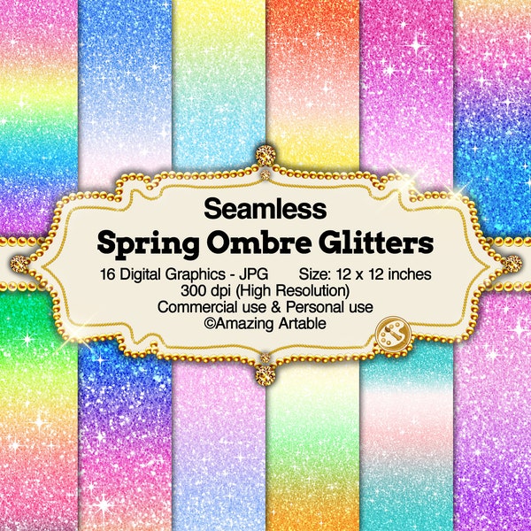 Spring Ombre Glitters Seamless Digital Paper: pink and blue gradient paper shimmering rainbow background glitter sky colorful ombre paper