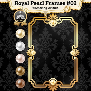 May include: A rectangular gold frame featuring decorative shell-like accents and embedded pearls. The frame is labeled Royal Pearl Frames #02 by Amazing Artable and includes a vertical column of five distinct pearl colors: cream, white, pink, gold, and brown.