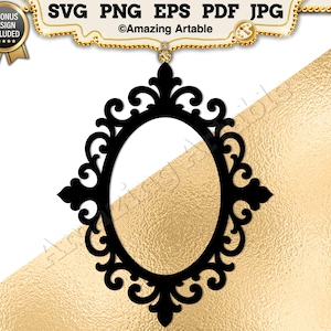 May include: A black oval frame with intricate scrollwork and filigree detailing along the edges. The top banner displays the text SVG PNG EPS PDF JPG and Amazing Artable with a badge stating 3 BONUS DESIGN INCLUDED on the left side.