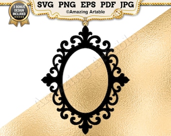 Op de afbeelding: Een zwart ovaal frame met ingewikkelde krulwerk en filigraan details langs de randen. De bovenste banner toont de tekst SVG PNG EPS PDF JPG en Amazing Artable met een badge met de tekst 3 BONUS DESIGN INCLUDED aan de linkerkant.