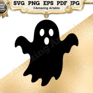 May include: A black silhouette of a ghost with two oval eyes and an oval mouth, featuring white cutouts for the facial features. The design is presented against a white and gold background with text reading SVG PNG EPS PDF JPG.