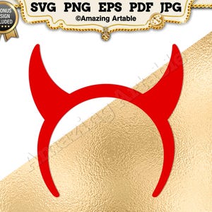 Pode incluir: Um gráfico de tiara com chifres de diabo em vermelho brilhante, apresentando dois chifres curvos e pontiagudos que se estendem para cima a partir de uma faixa semicircular. O design está disponível em formatos digitais SVG, PNG, EPS, PDF e JPG.