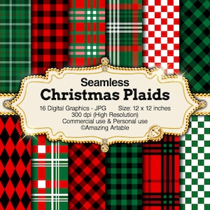 Pode incluir: Uma coleção de 16 padrões gráficos digitais sem costuras com vários designs de xadrez, quadrados e losangos em vermelho, verde, preto e branco. A etiqueta central exibe o texto Seamless Christmas Plaids, 16 Digital Graphics - JPG, Size: 30,48 x 30,48 cm, 300 dpi (High Resolution), Commercial use & Personal use, e ©Amazing Artable.