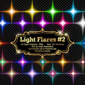 May include: A digital graphic featuring 24 colorful light flares in various colors, including red, blue, and green. The image includes a gold-framed text box that reads "Light Flares #2" and specifies the size as 10 x 10 inches.