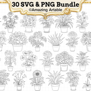 Potted Plant SVG Bundle: house plant svg & png clipart Cricut Silhouette line art flower pot monstera cactus rose orchid digital download