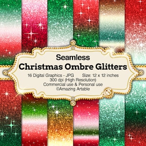 Carta digitale senza soluzione di continuità con glitter ombré natalizio: sfondo sfumato rosso e verde scintillante, carta digitale natalizia con glitter oro di lusso