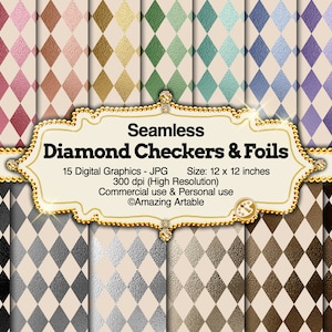 Diamond Checkers & Foils Seamless Digital Paper: rainbow checkerboard digital paper vintage checkered background checkered gold foil paper