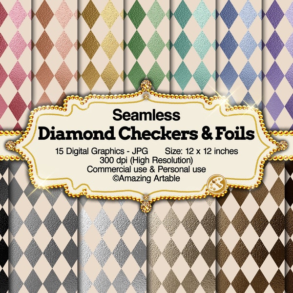 Diamond Checkers & Foils Digital Paper: seamless luxury checkerboard pattern retro checkerboard harlequin pattern gold foil and silver foil