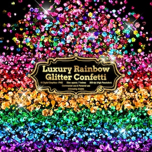 Clipart de confete brilhante de arco-íris: sobreposições de confete de arco-íris brilhantes, clipart de glitter iridescente grosso, confete rosa e azul png