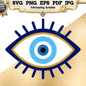 May include: A graphic illustration of a stylized eye symbol featuring a central black pupil, a light blue iris, a white sclera, and a dark blue outline with radiating eyelashes. The design includes a gold border and text reading SVG PNG EPS PDF JPG.