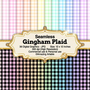 Gingham Plaid Seamless Digital Paper: printable pastel rainbow gingham plaid digital paper seamless buffalo plaid pattern plaid background