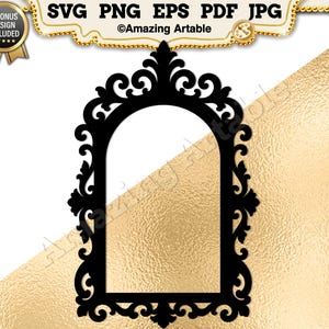 Puede incluir: Una silueta negra de un marco de espejo arqueado con intrincados adornos y tallas decorativas a lo largo de los bordes. El diseño se presenta como un archivo gráfico digital con el texto SVG PNG EPS PDF JPG en la parte superior.