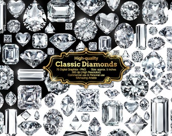 May include: A collection of various faceted diamond illustrations in multiple shapes including round, emerald, heart, and pear cuts. A central black and gold label features the text: High-quality Classic Diamonds, 75 Digital Graphics - PNG, Size: approx. 5 inches, 300 dpi (High Resolution), Commercial use & Personal use, ©Amazing Artable.