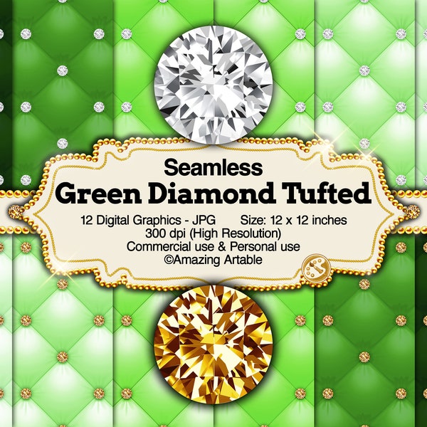 Green Diamond Tufted Digital Paper: luxury seamless diamond background quilting texture shiny glam paper black tufted background silver gold