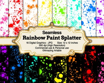 Rainbow Paint Splatter Seamless Digital Paper: red splatter yellow neon splatter orange paintball blue splash fluorescent watercolor drip