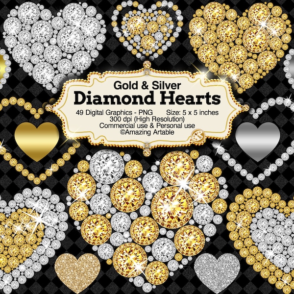 Diamond Heart Clipart: 49 luxury heart graphics gold and silver diamond heart frame metallic heart border glitter gold border love clipart