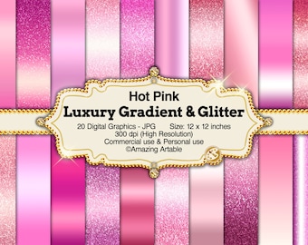 Luxury Hot Pink Gradient & Glitter Digital Paper: high-quality pink gradient background metallic pink ombre glitter paper rose pink purple