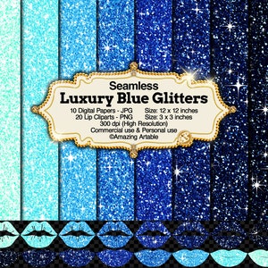 Luxury Blue Glitters: shimmering light and dark blue glitter digital paper sky blue glitter lip clipart shiny kiss clipart navy blue pattern