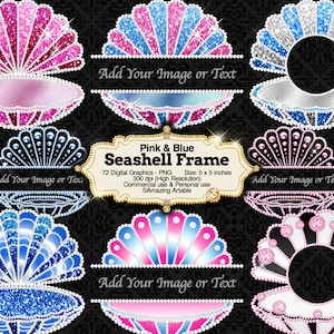 Pink & Blue Seashell Frame Clip Art: luxury pink and blue seashell frame clipart seashell border clipart diamond frame pearl frame graphics
