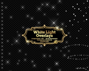 May include: A digital graphic set featuring white light overlays, including starbursts, sparkles, and dots on a transparent background. A central gold-trimmed label displays the text White Light Overlays, 32 Digital Graphics - PNG, 300 dpi, and Amazing Artable.