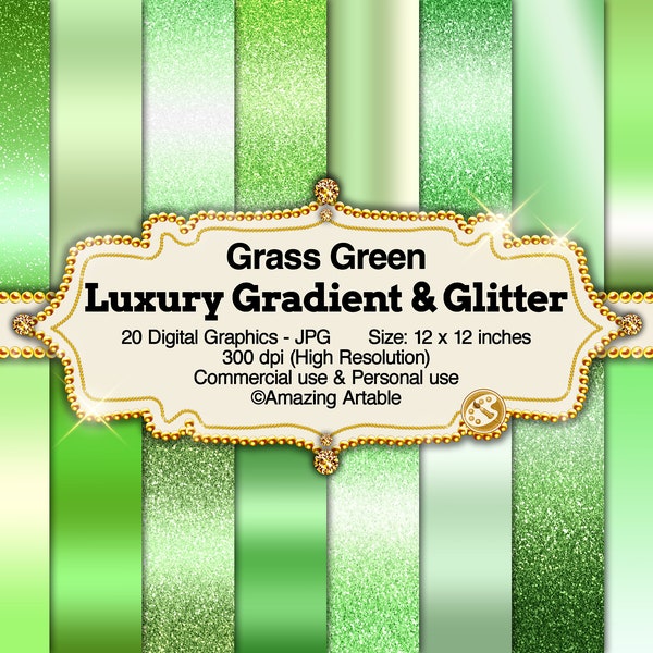 Luxury Grass Green Gradient & Glitter Digital Paper: high-quality green gradient background metallic green ombre glitter paper emerald green