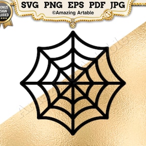 May include: A black spider web graphic design featuring a symmetrical web pattern with radiating lines and concentric segments. The digital file format labels SVG, PNG, EPS, PDF, and JPG are displayed at the top with a 3 bonus design included badge.