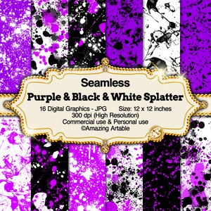Purple & Black Paint Splatter Seamless Digital Paper: black and white splatter digital paper neon purple splatter splash ink paintball spray