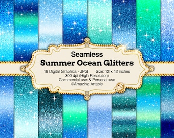 May include: A collection of 16 seamless digital graphics featuring summer ocean glitter patterns in shades of blue and green. The text reads Seamless Summer Ocean Glitters, 16 Digital Graphics - JPG, Size: 12 x 12 inches, 300 dpi, and Amazing Artable.